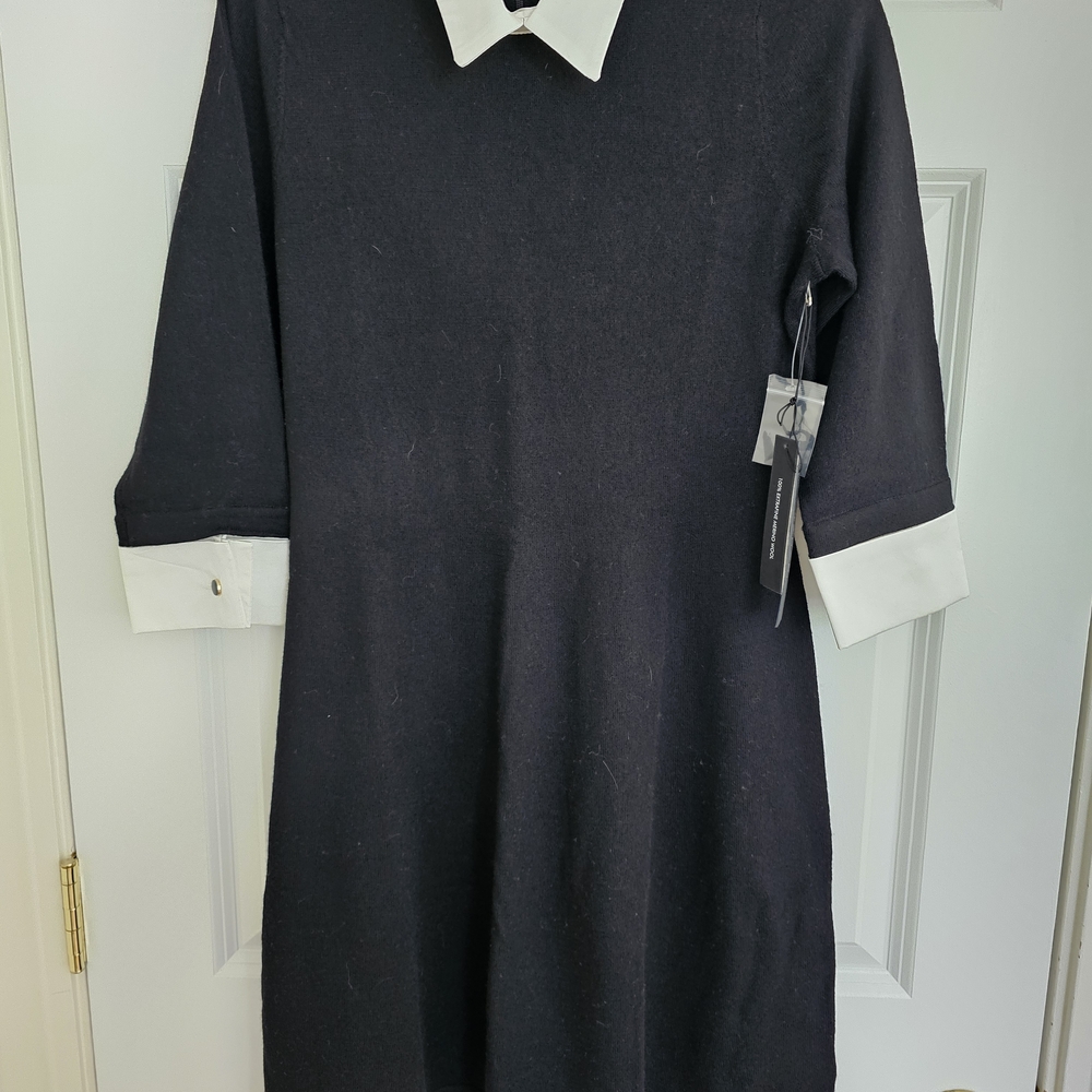 Tahari Merino Wool, Black Dress with White Collar and Cuffs
